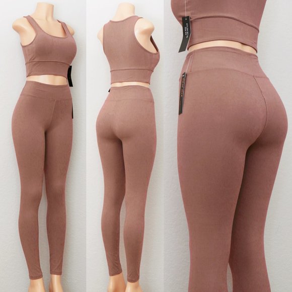 NEW Mocha Active Bra Crop Top + Leggings 2pc Set - Picture 3 of 10